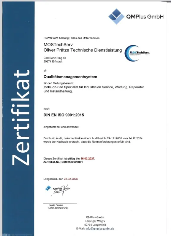 MOSTechServ -  Industrieller, Wartung & Instandhaltung Service -  Zertifikat